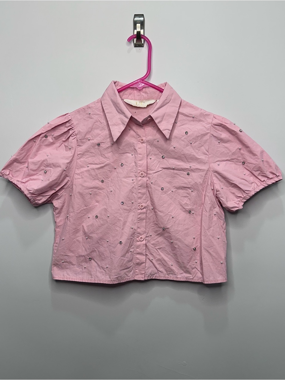 Cropped Pink Short-Sleeve Button-Up Blouse with Crystal Accents